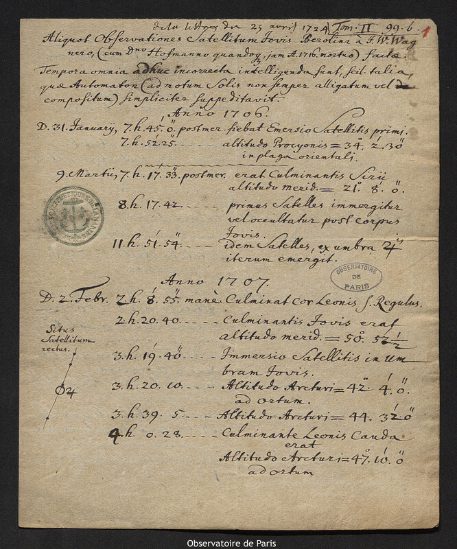 Note de Johann Wilhelm Wagner à Joseph-Nicolas Delisle, 25 avril 1724