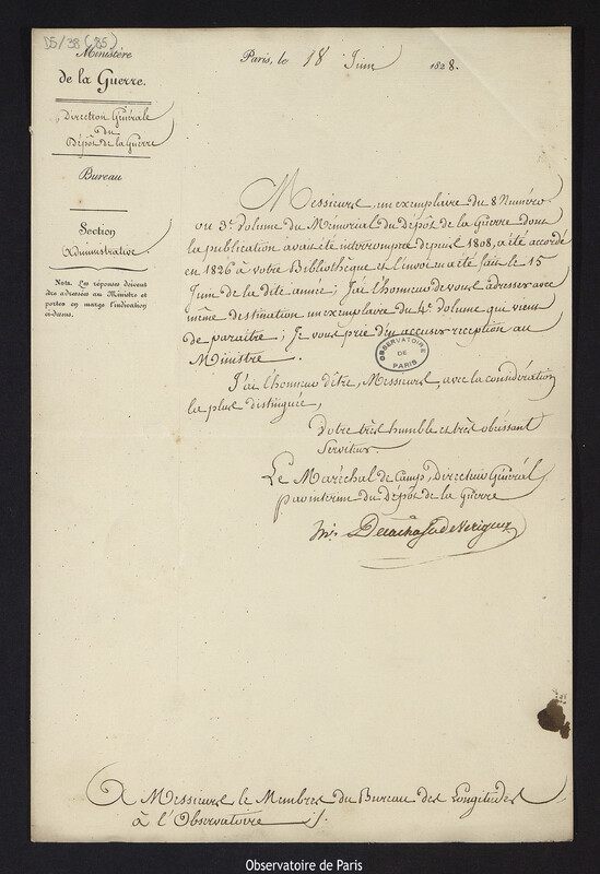 Lettre d'Edme de La Chasse de Vérigny, directeur par intérim du Dépôt de la Guerre, à Gaspard de Prony, président du Bureau des Longitudes, le 18 juin 1828