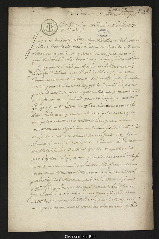 Lettre de Joseph-Nicolas Delisle à Francesco Gonzaga, duc de Solférino, Paris, 12 septembre 1748