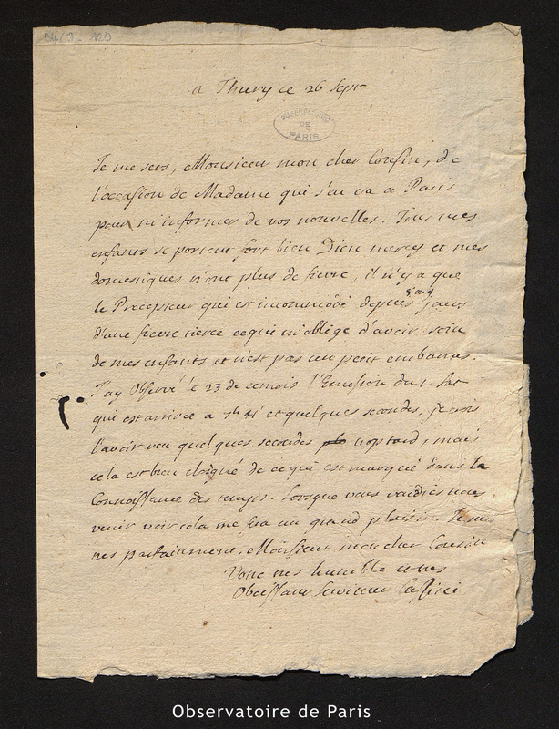 Lettre de Cassini II à Maraldi, Thury le 26 septembre