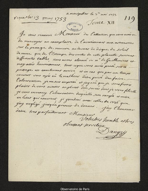 Lettre de Augustin Hyacinthe Danyzy à Joseph-Nicolas Delisle, Montpellier, 7 mai 1753