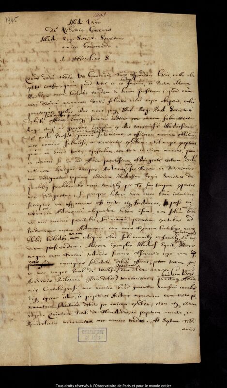 Lettre de Jan Heweliusz à Nehemiah Grew, Gdansk, 24 avril 1679