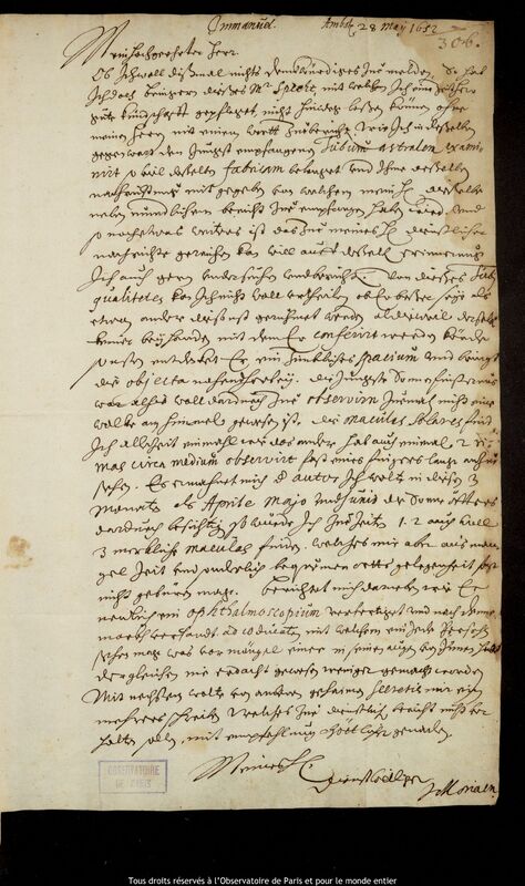 Lettre de Johann Moriaen à Jan Heweliusz, Amsterdam, 28 mai 1652