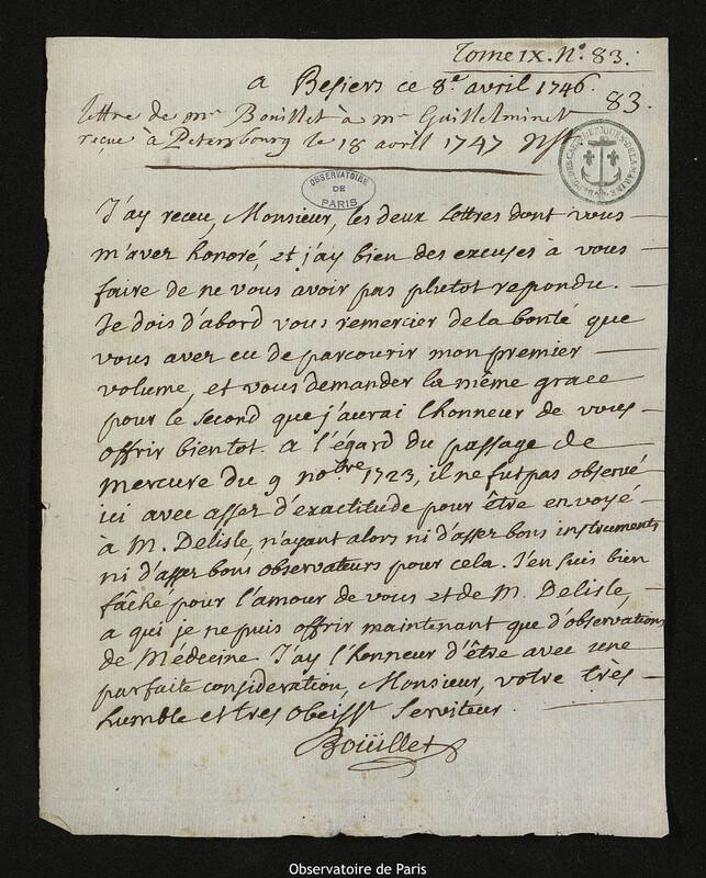 Lettre de Jean Bouillet à Pierre-François de Guilleminet, Béziers, 8 avril 1746