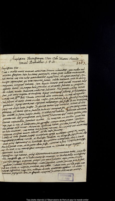 Lettre d'Ismaël Boulliau à Jan Heweliusz, Paris, 26 novembre 1666