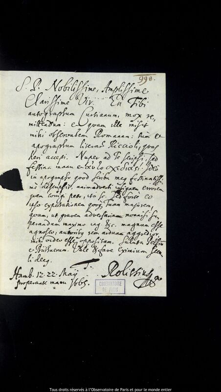 Lettre de Stanislaw Lubieniecki à Jan Heweliusz, Hambourg, 12 mai 1665