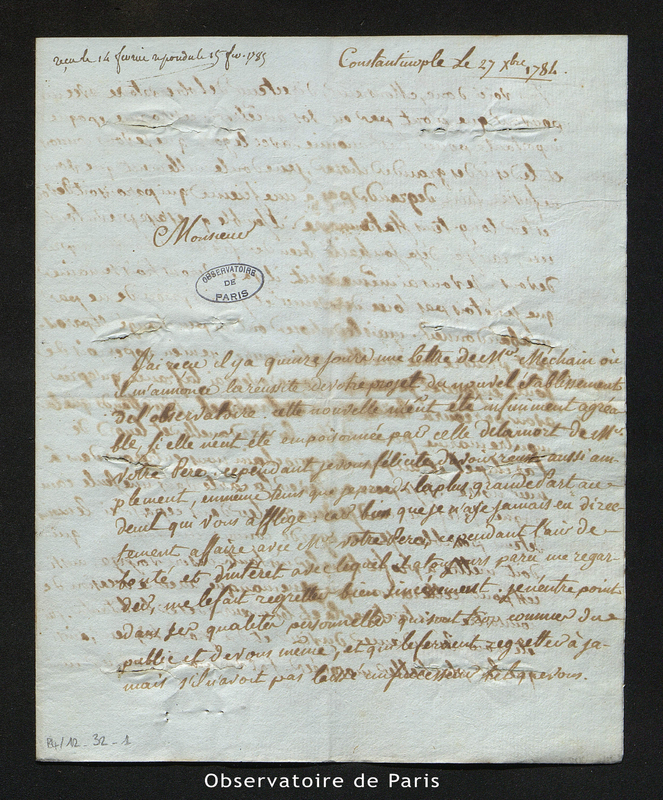 Lettre de Tondu à Cassini IV, Constantinople le 27 décembre 1784