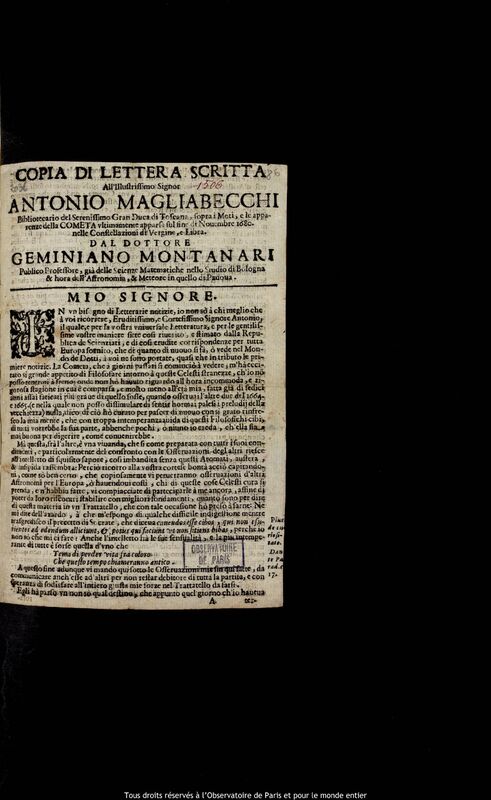 Texte imprimé de Geminiano Montanari, Venise, 5 décembre 1680