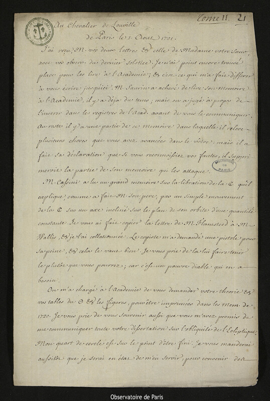 Lettre de Joseph-Nicolas Delisle à Jacques d'Allonville de Louville, Paris, 1 août 1721