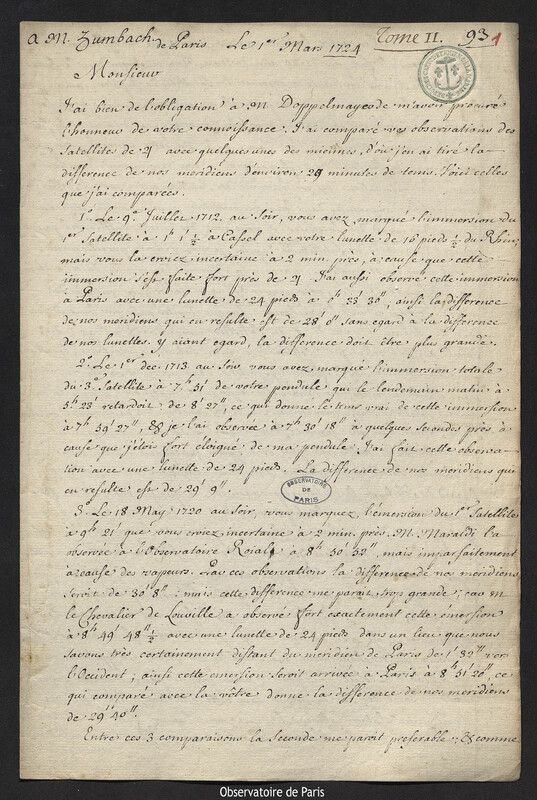 Lettre de Joseph-Nicolas Delisle à Lothar Zumbag de Koesfelt, Paris, 1 mars 1724