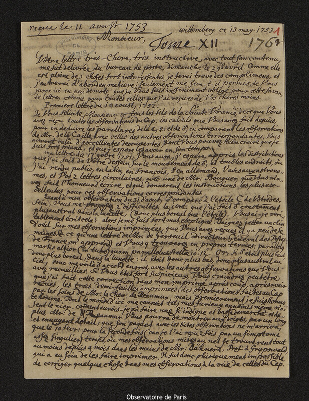 Lettre de Georg Matthias Bose à Joseph-Nicolas Delisle, Wittenberg, 13 mai 1753