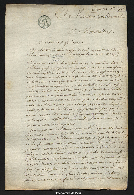 Lettre de Joseph-Nicolas Delisle à Pierre-François de Guilleminet, Paris, 4 février 1751