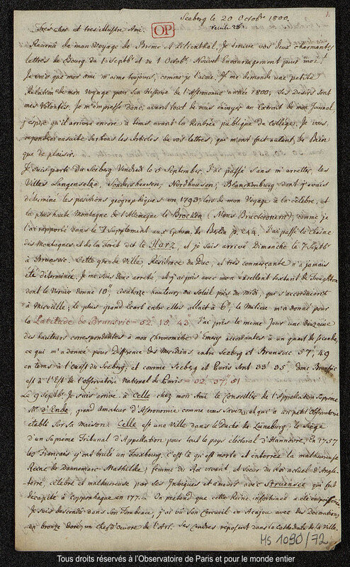 Lettre du baron Franz Xaver von Zach à Joseph Jérôme Le françois de Lalande Seeberg, 20 octobre 1800