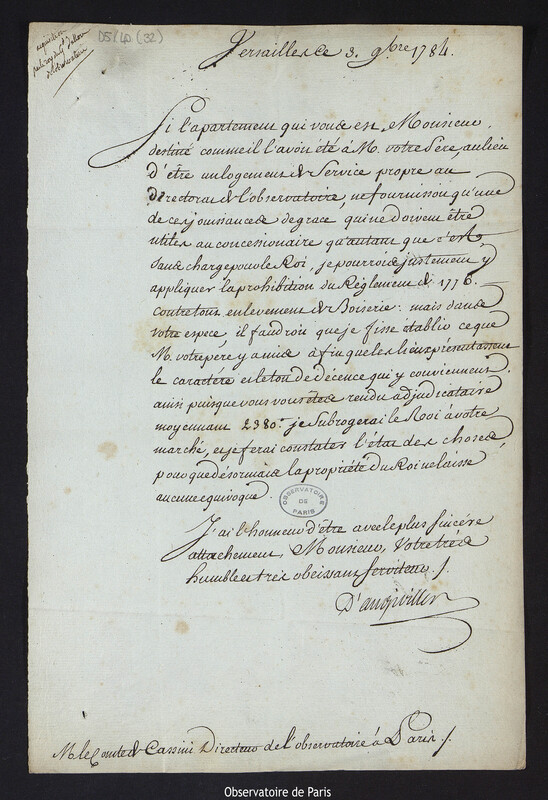 Lettre du comte d'Angiviller à Cassini IV, à Versailles le 3 novembre 1784