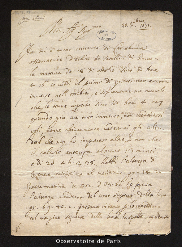 Lettre de Cassini I à Picard, Paris le 24 mai 1671