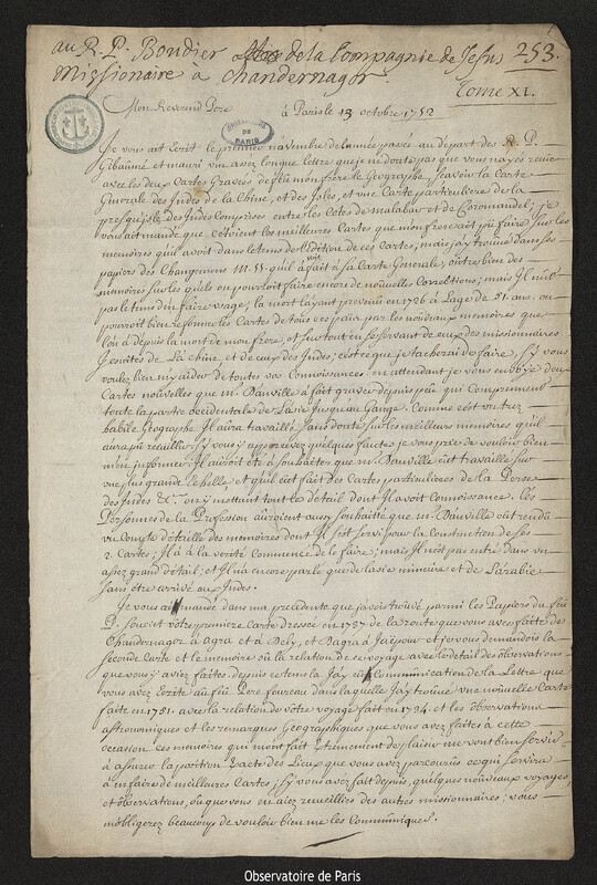 Lettre de Joseph-Nicolas Delisle à Claude Stanislas Boudier, Paris, 13 octobre 1752