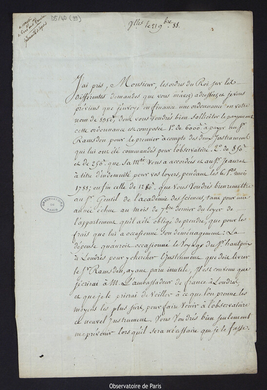 Lettre de Pierre Laurent de Villedeuil, à Cassini IV, directeur de l'Observatoire, le 21 novembre 1788