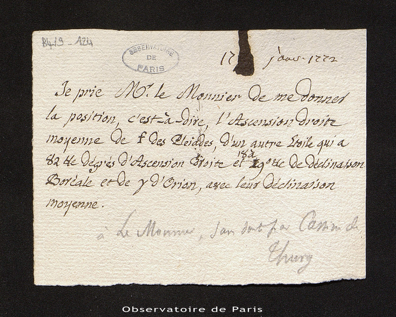 Lettre de Cassini III à Le Monnier, le 17 janvier 1772