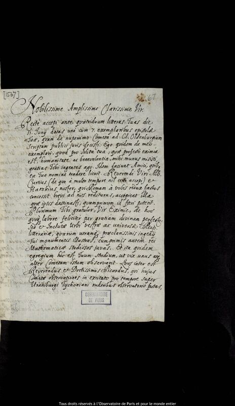 Lettre de Stanislaw Lubieniecki à Jan Heweliusz, Hambourg, 12 juillet 1672