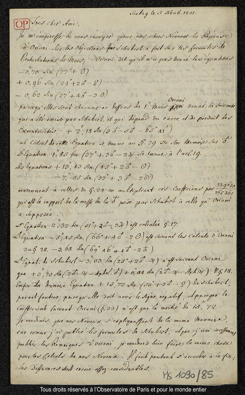 Lettre du baron Franz Xaver von Zach à Joseph Jérôme Le françois de Lalande Seeberg, 5 novembre 1801