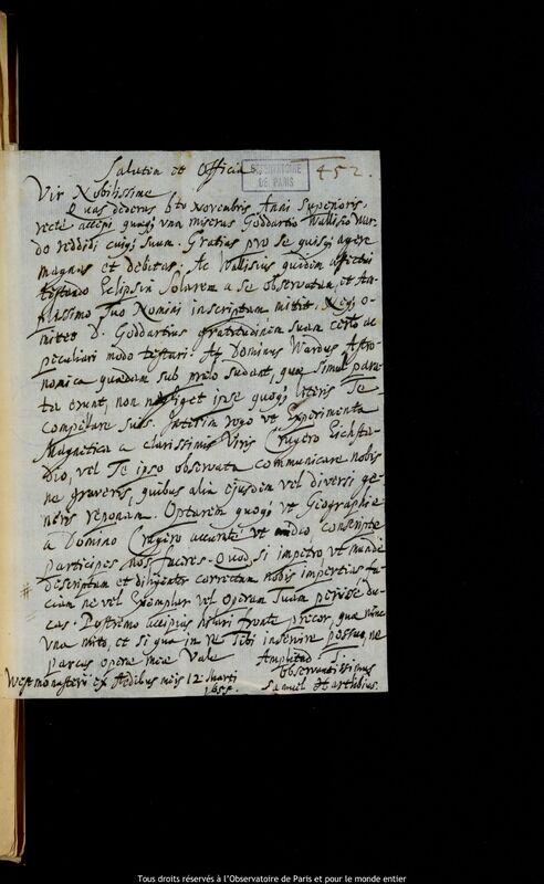 Lettre de Samuel Hartlib à Jan Heweliusz, Londres, 12 mars 1655