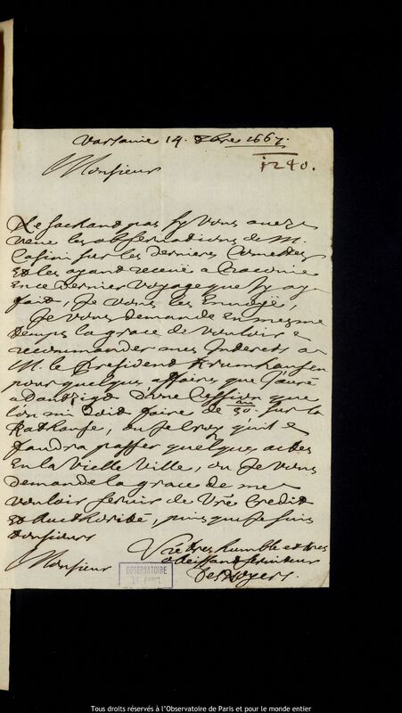 Lettre de Pierre Des Noyers à Jan Heweliusz, Varsovie, 14 septembre 1667