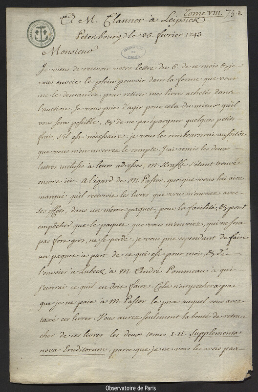 Lettre de Joseph-Nicolas Delisle à Gottlieb Clanner, Saint-Pétersbourg, 25 février 1743