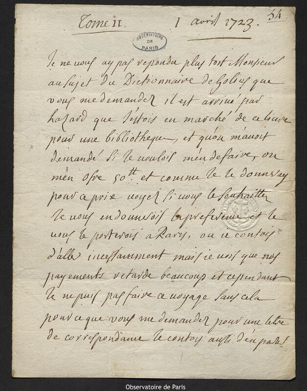 Lettre de Jacques d'Allonville de Louville à Joseph-Nicolas Delisle, Lieu-dit Le Clos du Petit Carré, 1 avril 1723