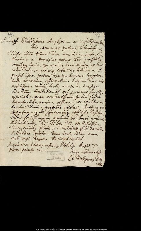 Lettre de Georg Wosegin à Jan Heweliusz, Kaliningrad, 24 octobre 1679