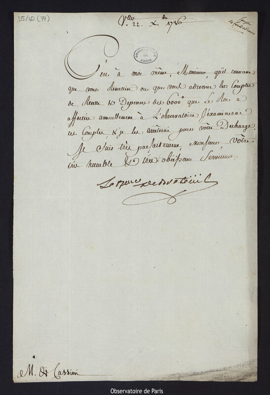 Lettre de Louis Le Tonnelier, baron de Breteuil, à Cassini IV, directeur de l'Observatoire, le 22 décembre 1786