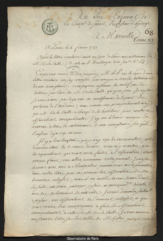 Lettre de Joseph-Nicolas Delisle à Esprit Pezenas, Paris, 4 février 1751