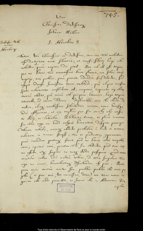 Lettre de Jan Heweliusz à Johannes Müller, Gdansk, 20 mai 1662