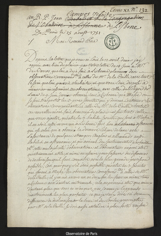 Lettre de Joseph-Nicolas Delisle à Emmanuel de Campos, Paris, 15 août 1751