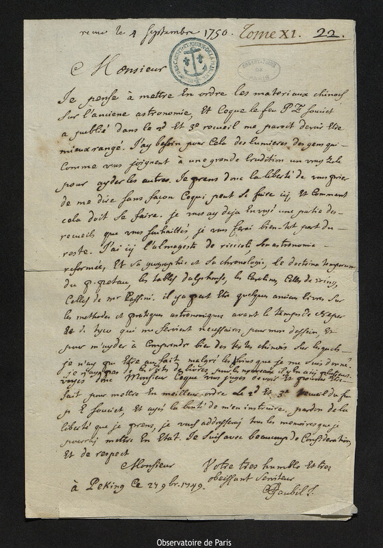 Lettre de Antoine Gaubil à Joseph-Nicolas Delisle, Pékin, 27 novembre 1749