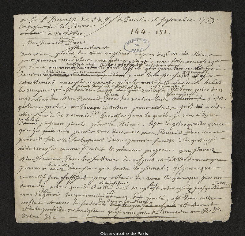 Lettre de Joseph-Nicolas Delisle à Croustet Ignace Bieganski, Paris, 16 septembre 1759