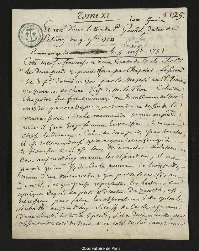 Lettre de Antoine Gaubil à Guérin, Pékin, 9 novembre 1750