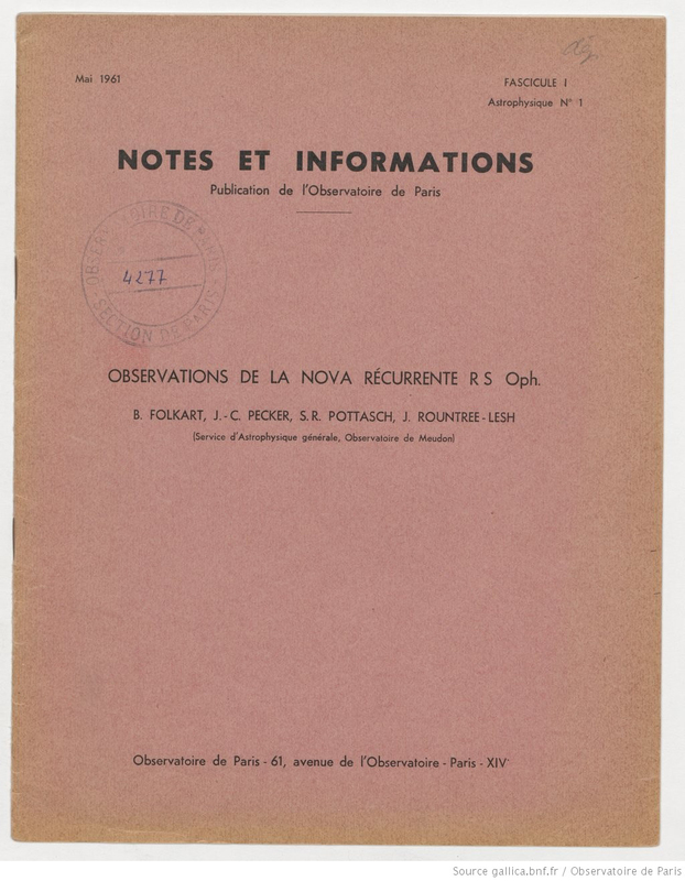 (1961) Notes et informations… Observations de la nova récurrente RS Oph. / B. Folkart, J.-C. Pecker...