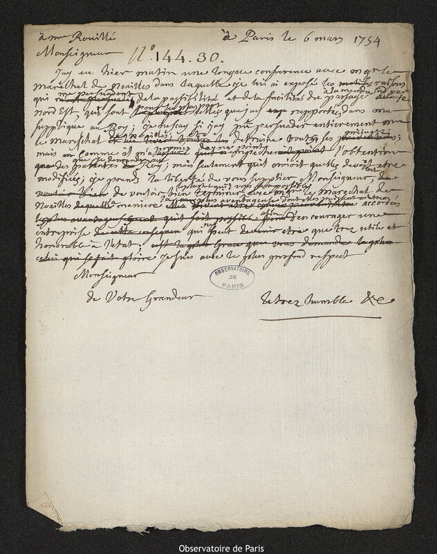 Lettre de Joseph-Nicolas Delisle à Antoine Louis Rouillé, Paris, 6 mars 1754