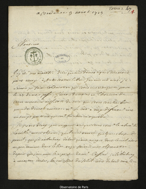 Lettre de Charles Teinturier à Joseph-Nicolas Delisle, Verdun, 3 août 1715