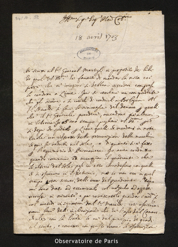 Lettre de Manfredi à Cassini I, Bologne le 18 avril 1703