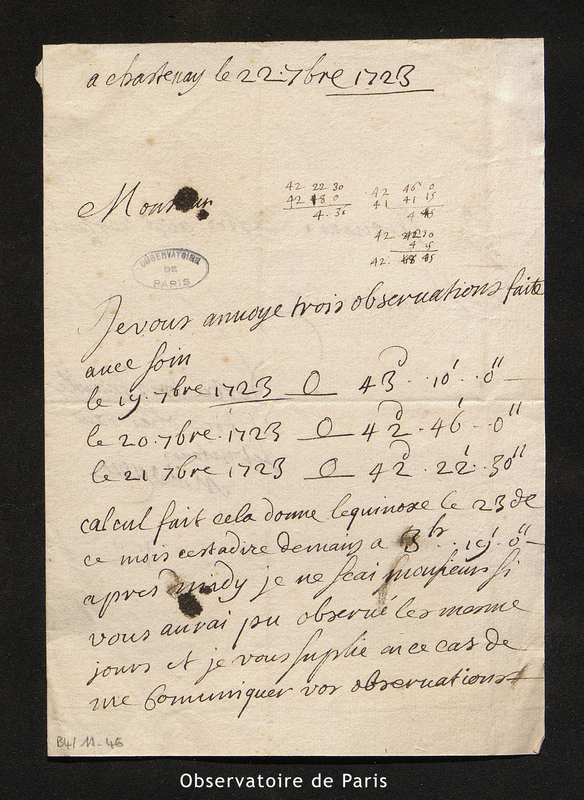 Lettre de Malezieu à Maraldi, Chastenay le 22 septembre 1723