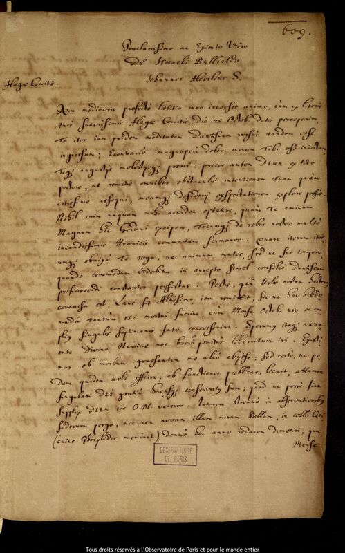 Lettre de Jan Heweliusz à Ismaël Boulliau, Gdansk, 19 novembre 1660