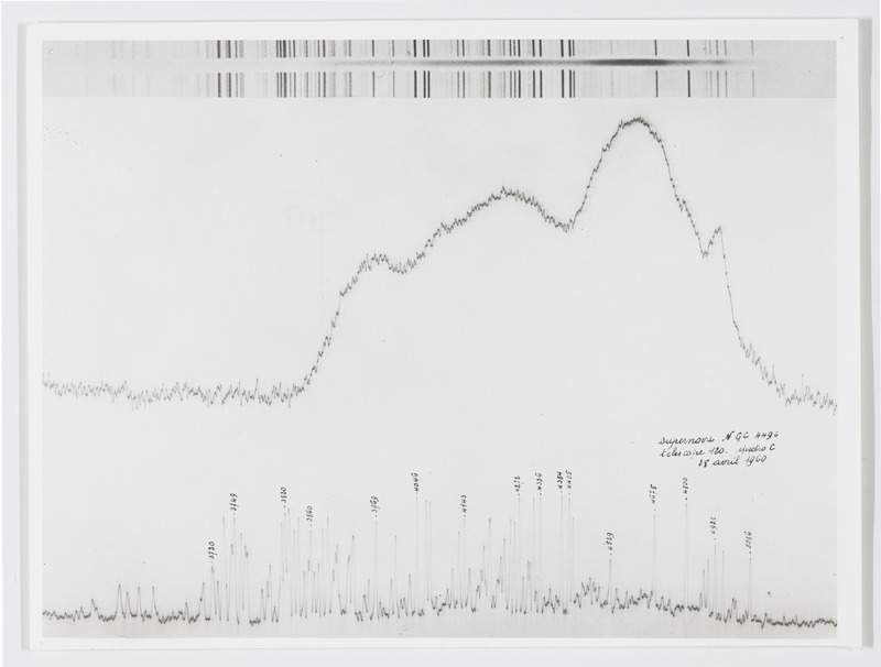 Spectre de la supernova Humason dans NGC 4496. Spectrographe à 1 prisme de flint au foyer du télescope de 120cm de l'Observatoire de Haute Provence. 28 avril 1960, plaque Eastman IIa0 chauffée. Pose 3h50. Spectre de comparaison : fer et cadmium. [Melle M. Bloch] (titre original)