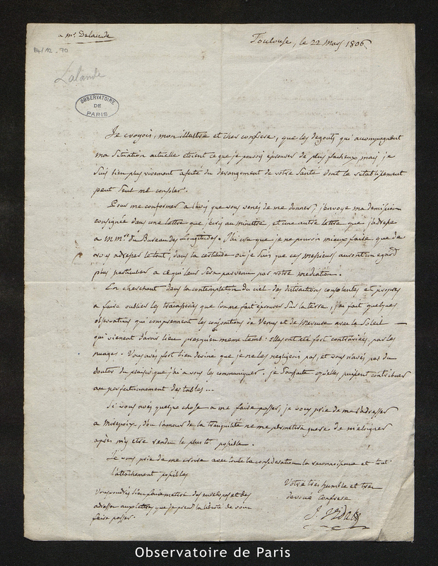 Lettre de J. Vidal à Lalande, Toulouse le 22 mai 1806