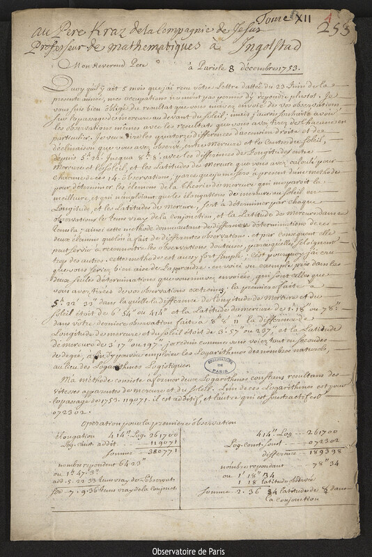 Lettre de Joseph-Nicolas Delisle à Georg Kraz, Paris, 8 décembre 1753