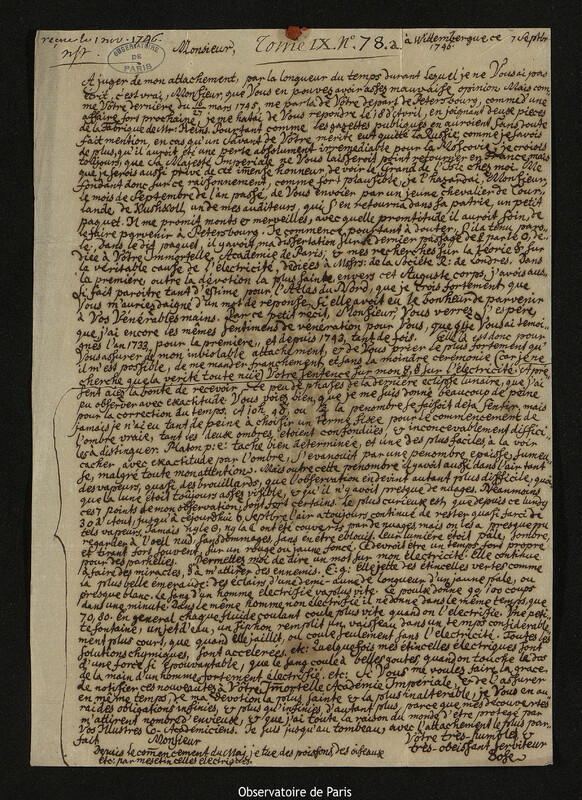 Lettre de Georg Matthias Bose à Joseph-Nicolas Delisle, Wittenberg, 7 septembre 1746