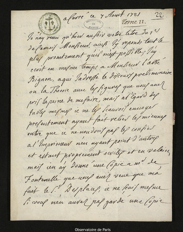 Lettre de Jacques d'Allonville de Louville à Joseph-Nicolas Delisle, Lieu-dit Le Clos du Petit Carré, 7 août 1721