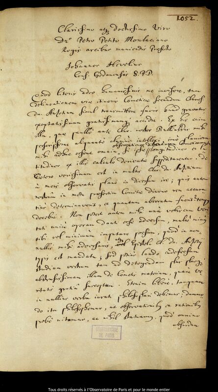 Lettre de Jan Heweliusz à Pierre Petit, Gdansk, 1er juillet - 31 octobre 1665