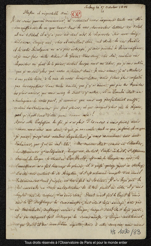 Lettre du baron Franz Xaver von Zach à Joseph Jérôme Le françois de Lalande Seeberg, 17 octobre 1801