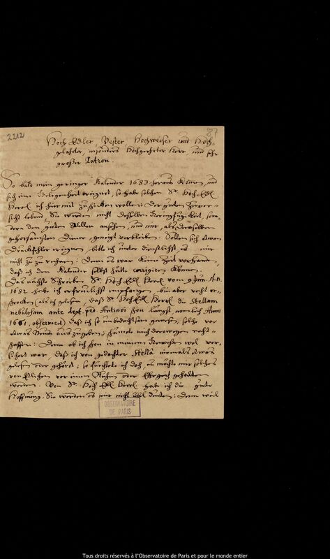 Lettre de Gottfried Kirch à Jan Heweliusz, Leipzig, 6 juillet 1682